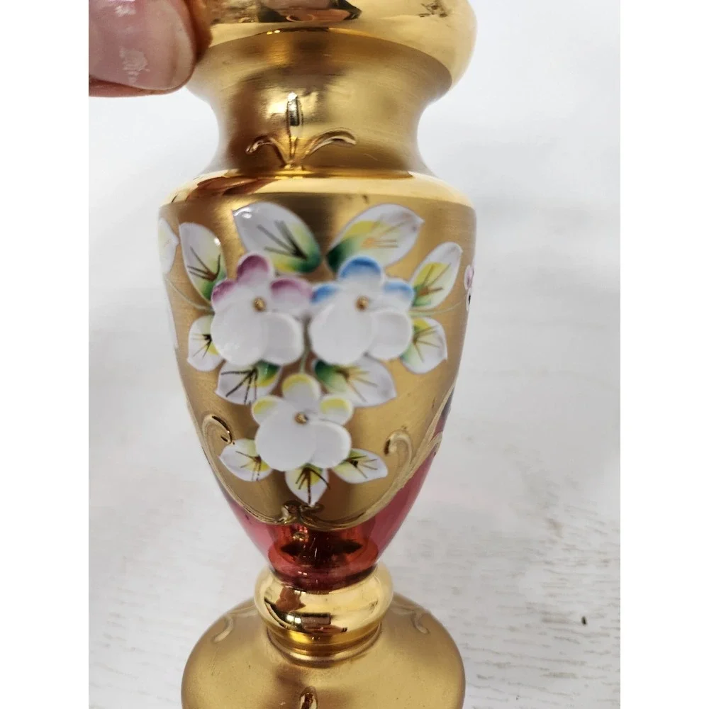 Vintage Bohemian Pink Glass Gold Overlay Floral Vase Raised Design Germany - Picture 3 of 10